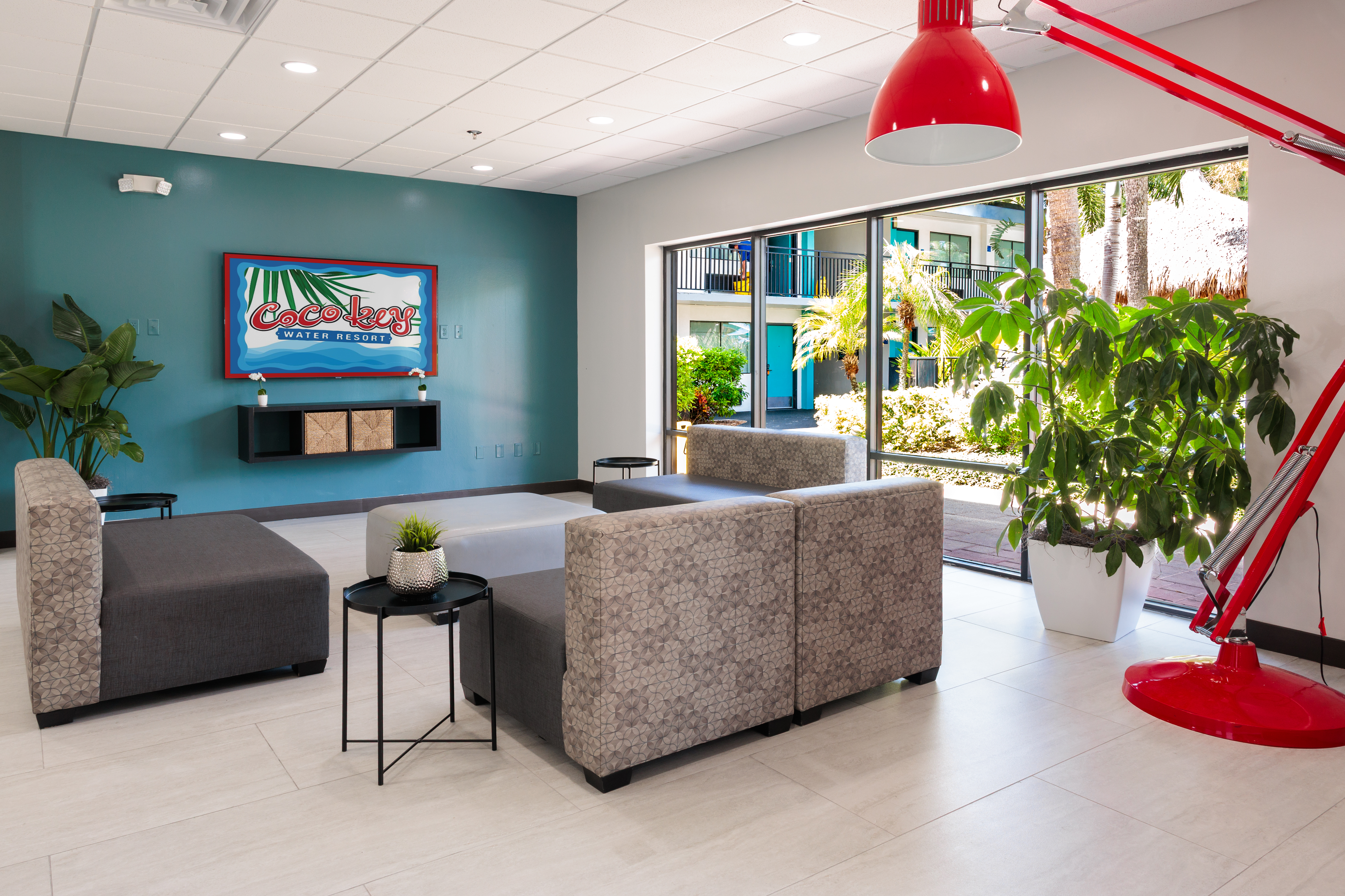 A reception millwork in matte oak.